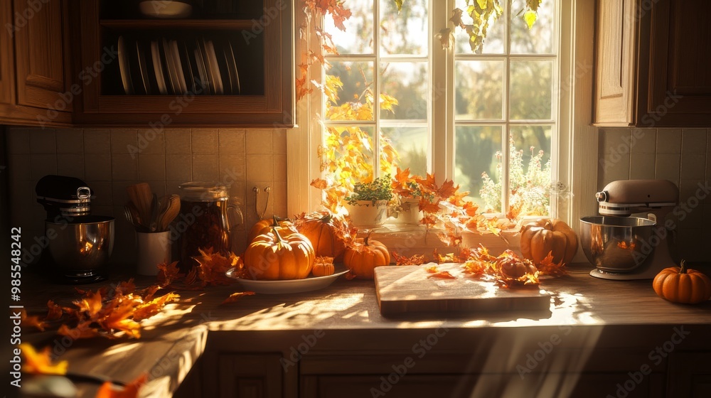 This inviting autumn kitchen features warm wooden tones and is beautifully decorated with pumpkins and colorful fall leaves. Natural light streams in, creating a welcoming atmosphere This inviting autumn kitchen features warm wooden tones and is beautifully decorated with pumpkins and colorful fall leaves. Natural light streams in, creating a welcoming atmosphere