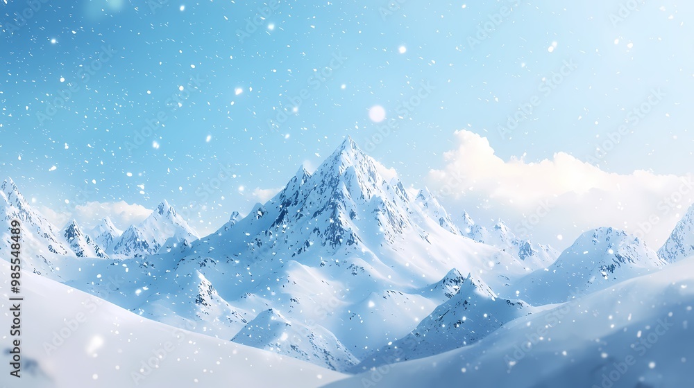 Majestic snowy mountain landscape under a blue sky with drifting snowflakes. Majestic snowy mountain landscape under a blue sky with drifting snowflakes.