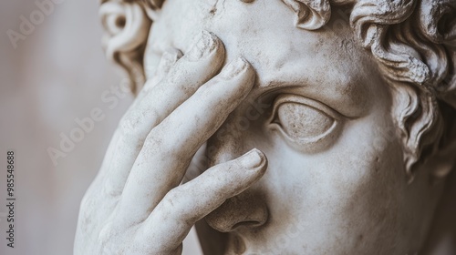 A classical Greek statue features exquisite details, with one hand covering its eyes. Captured at a slightly low angle, the piece evokes a sense of contemplation and emotion