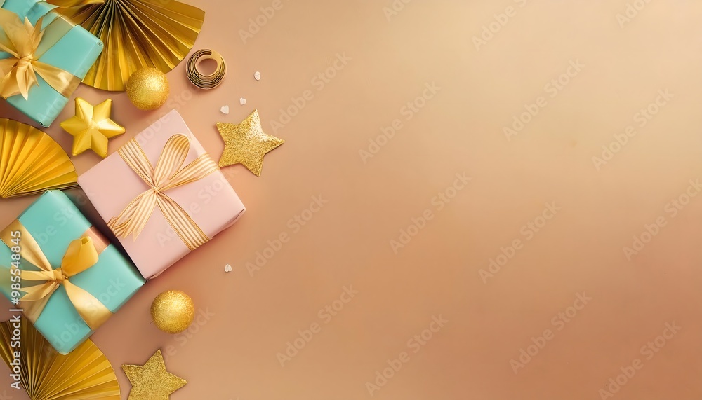 3D render of HAPPY New Year banner template. Flat lay composition with ornaments, wrapped gift, gold background. 3D render of HAPPY New Year banner template. Flat lay composition with ornaments, wrapped gift, gold background.