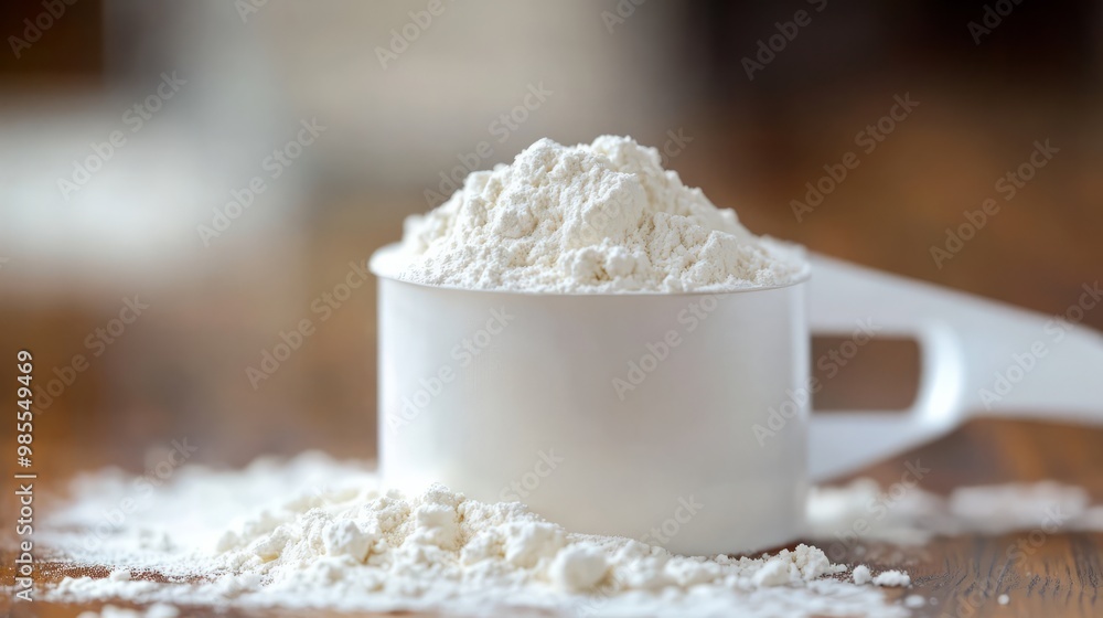 Flour Power: A close-up shot of a measuring cup brimming with pristine white flour, spilling slightly onto a rustic wooden surface. Flour Power: A close-up shot of a measuring cup brimming with pristine white flour, spilling slightly onto a rustic wooden surface.