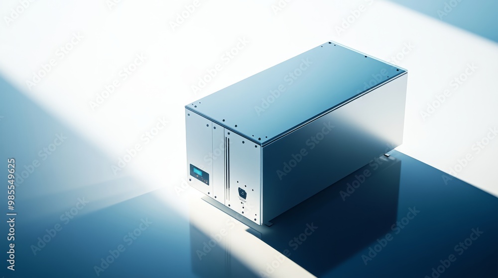 A modern electrical and thermal storage unit is carefully positioned on a smooth reflective white surface, casting soft light effects that enhance its sleek design A modern electrical and thermal storage unit is carefully positioned on a smooth reflective white surface, casting soft light effects that enhance its sleek design