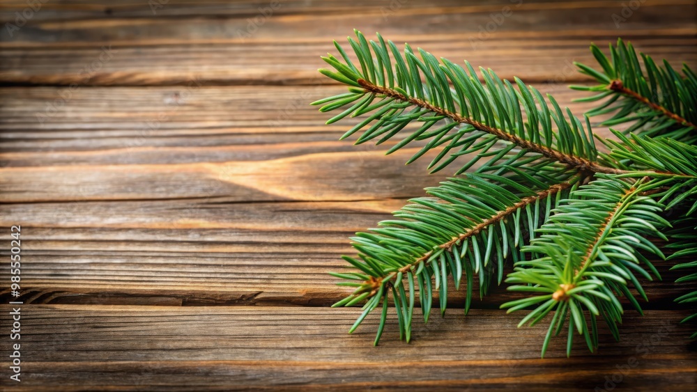 Close-up of a spruce branch resting on a wooden surface Close-up of a spruce branch resting on a wooden surface