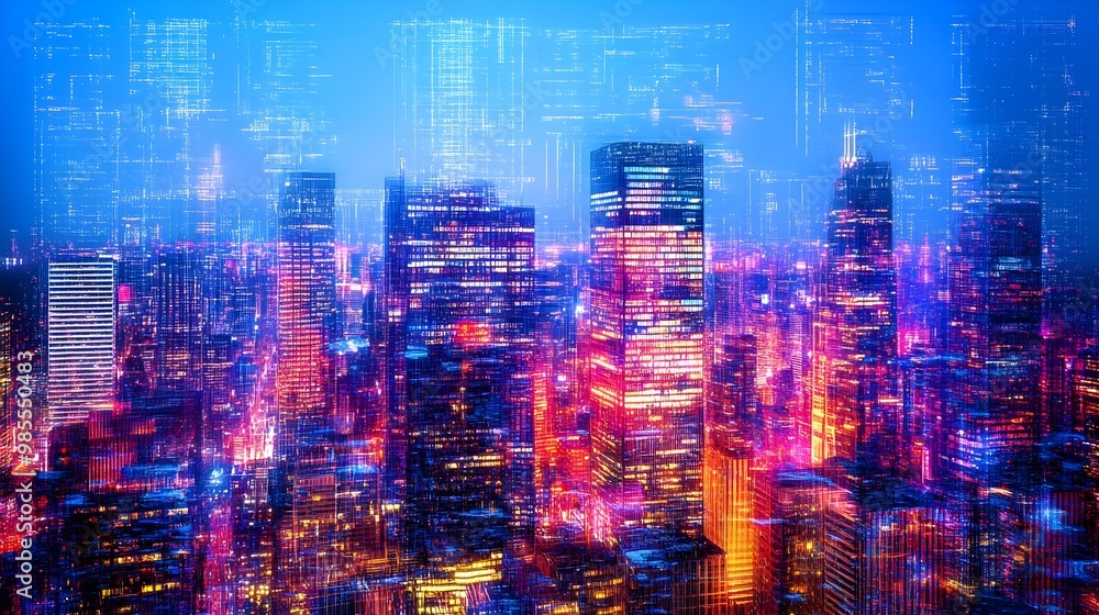 City skyline illuminated at night, vibrant colors City skyline illuminated at night, vibrant colors