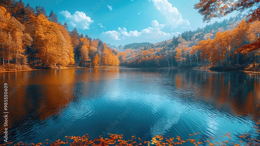 Naklejka premium Beautiful autumn landscape on the lake. Beautiful lake scenery with autumn leaves in colorful forest. Autumn colors in nature. Stunning nature landscapes. Generative AI.