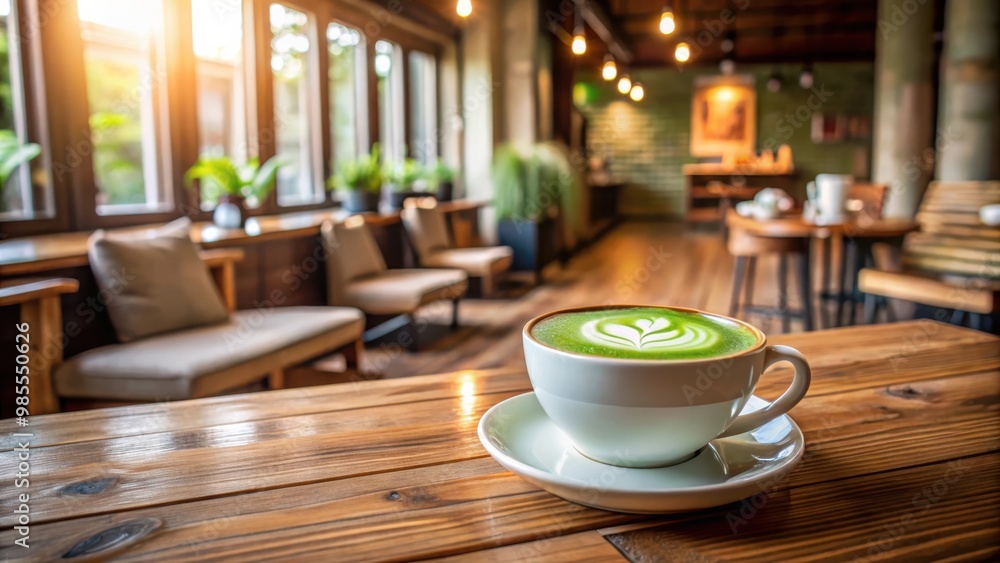 Matcha latte served on a rustic wooden table in a cozy coffee shop setting Matcha latte served on a rustic wooden table in a cozy coffee shop setting