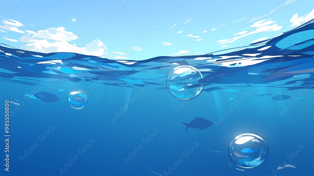 Serene underwater scene with bubbles and silhouettes of fish. Serene underwater scene with bubbles and silhouettes of fish.