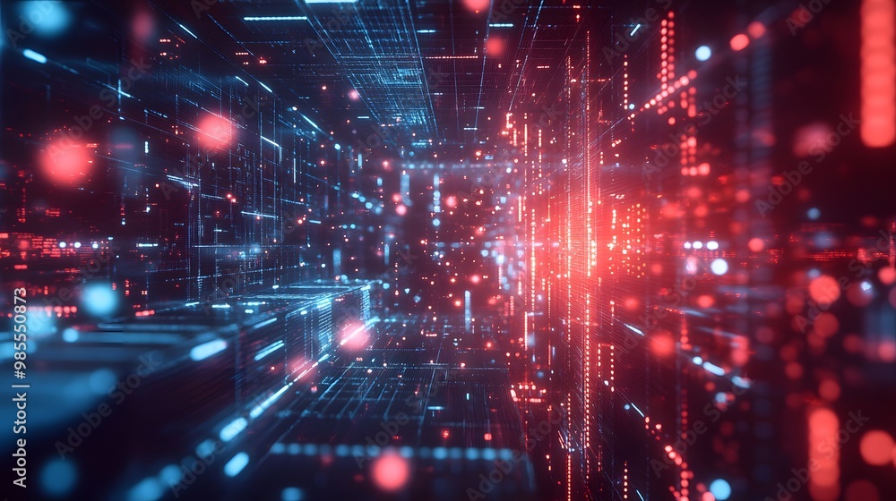 A network of pulsating AI circuits and geometric shapes lights up in a futuristic abstract space, with fast-paced energy tempered by cool, soothing tones, evoking a chill mood. A network of pulsating AI circuits and geometric shapes lights up in a futuristic abstract space, with fast-paced energy tempered by cool, soothing tones, evoking a chill mood.