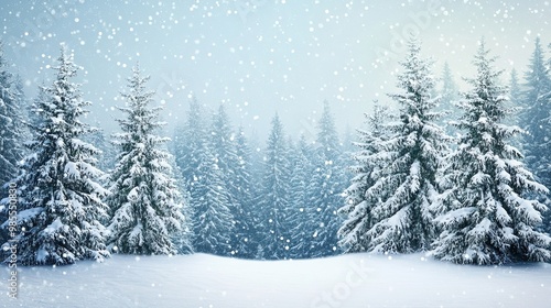 Winter Christmas Background with Snow and Trees: Christmas-themed background with snow-covered trees and plenty of copy space.