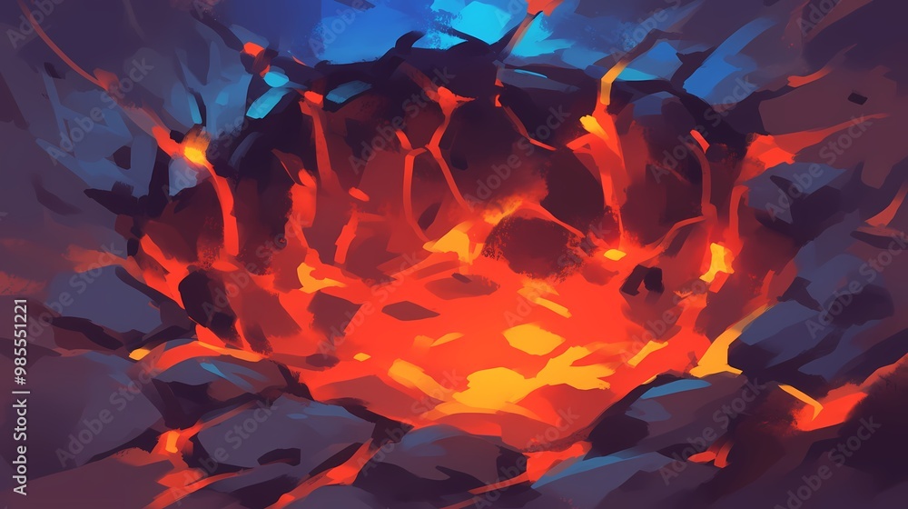 A vivid illustration of molten lava glowing in a crater, capturing a fiery spectacle. A vivid illustration of molten lava glowing in a crater, capturing a fiery spectacle.