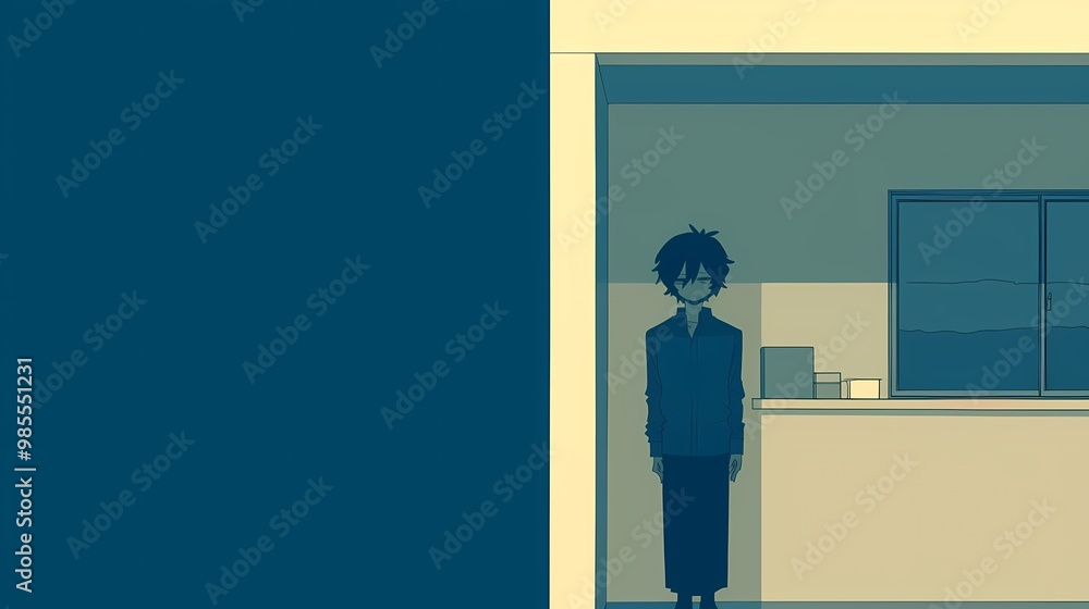 A solitary anime character stands in a sparse, minimalist kitchen. A solitary anime character stands in a sparse, minimalist kitchen.