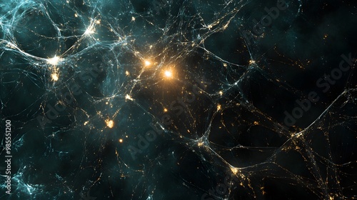 Abstract lines of code and neural networks spread across a dark, infinite space, with bright nodes symbolizing AI breakthroughs, emitting a thankful glow.