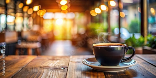 Abstract blurry image of fresh black coffee on a wooden table in a cozy coffee shop setting