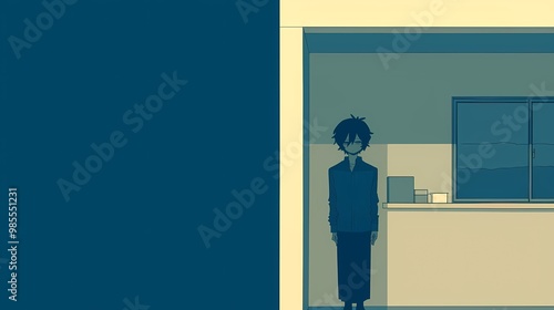 A solitary anime character stands in a sparse, minimalist kitchen.