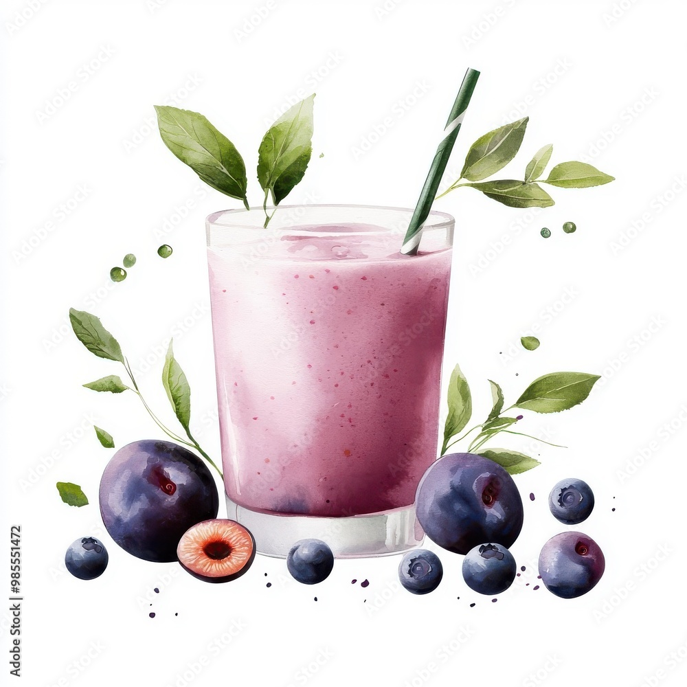 Watercolor plum smoothie, isolated on a white background. Watercolor plum smoothie, isolated on a white background.