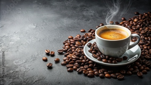 Obraz na płótnie A cup of hot espresso and coffee beans on a grey background w salonie