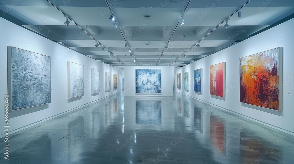 Obraz premium A large modern art gallery with white walls and concrete floors, displaying various abstract paintings. Generative AI.