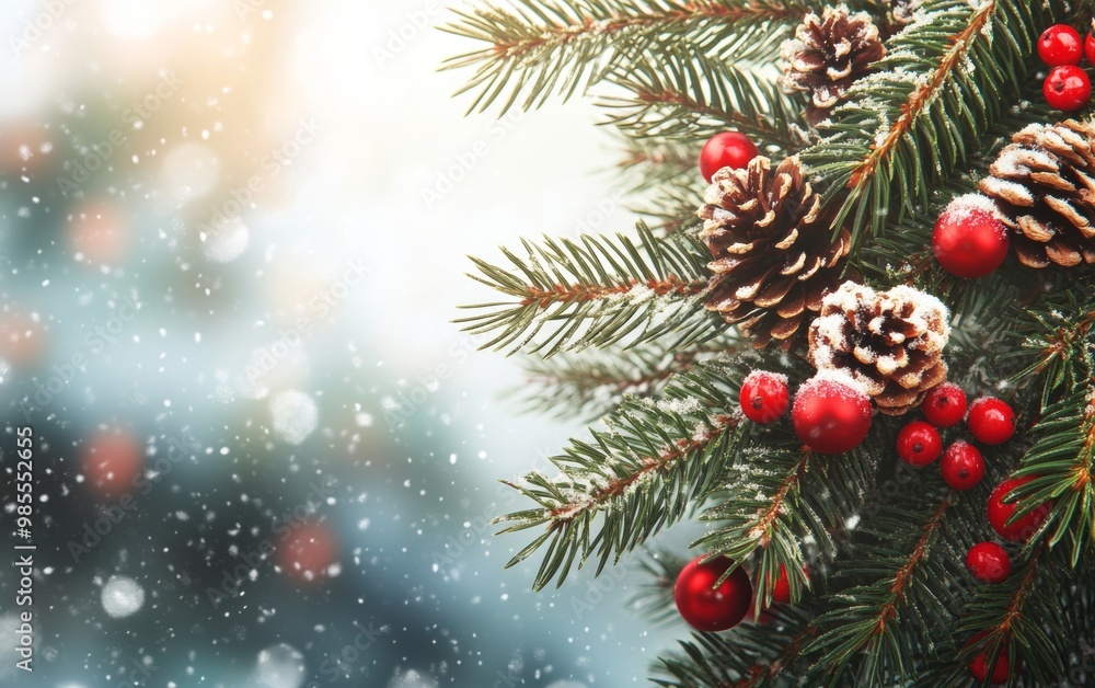 Snow-covered evergreen branches with pinecones and red berries, softly blurred background. Snow-covered evergreen branches with pinecones and red berries, softly blurred background.
