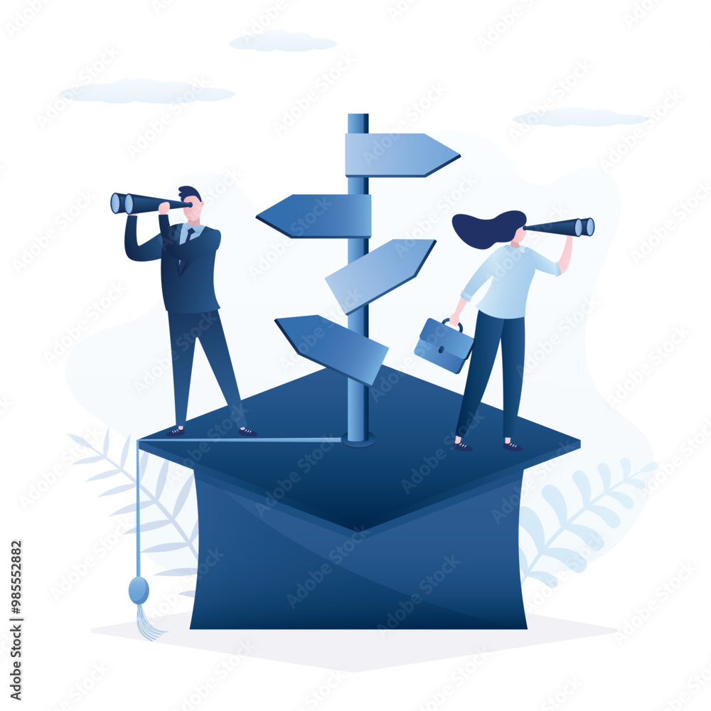 Education path, finding passion to study, decision to take academic course. Choosing training course or specialty. Students looking right direction Education path, finding passion to study, decision to take academic course. Choosing training course or specialty. Students looking right direction