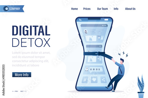 Male character use belt tighten smartphone. Turn off cell phone, reducing communication time on social media. Digital detox, landing page template. No using mobile phone
