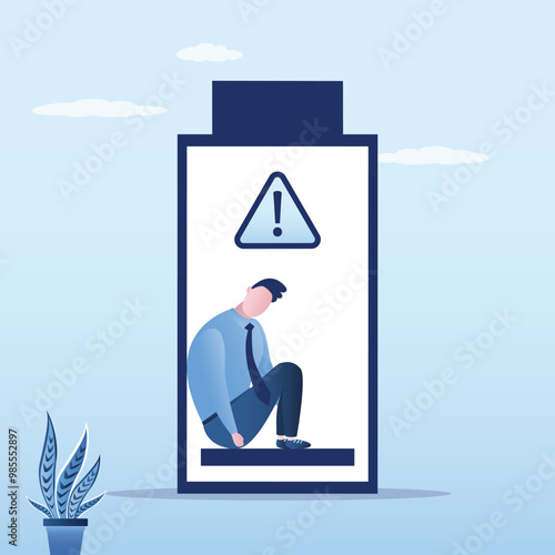 Businessman sitting in low battery, business man without energy, concept. Break time. Burnout, overload, unproductive. Tired worker man in empty battery. Give up.