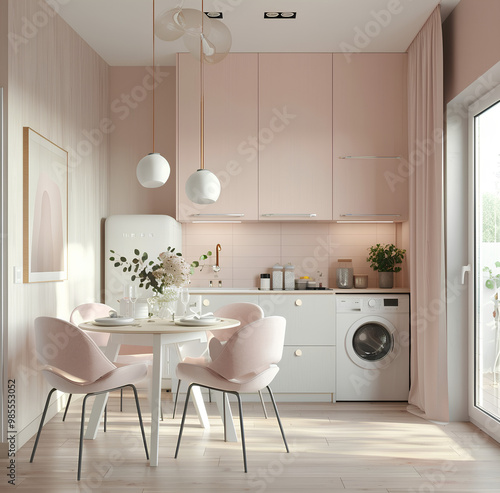 kitchen with round table and chairs, white cabinets, pink accents, washing machine in the corner of the kitchen, light wood floor, pastel aesthetic