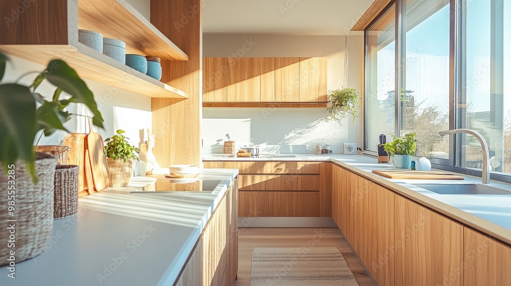 This stylish kitchen features wooden cabinetry with white and blue accents, creating a warm and inviting space filled with natural light, perfect for cooking and entertaining This stylish kitchen features wooden cabinetry with white and blue accents, creating a warm and inviting space filled with natural light, perfect for cooking and entertaining