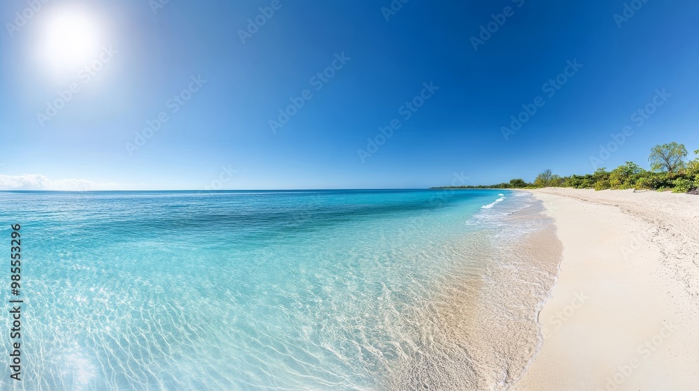 Relax on a stunning tropical beach featuring crystal-clear turquoise waters and soft white sand, basking under a bright cloudless sky, perfect for sunbathing and swimming Relax on a stunning tropical beach featuring crystal-clear turquoise waters and soft white sand, basking under a bright cloudless sky, perfect for sunbathing and swimming