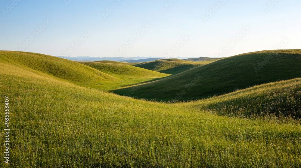 Vast grassy hills gently slope downward, creating a picturesque landscape where rolling hills meet the distant horizon under a bright sky Vast grassy hills gently slope downward, creating a picturesque landscape where rolling hills meet the distant horizon under a bright sky
