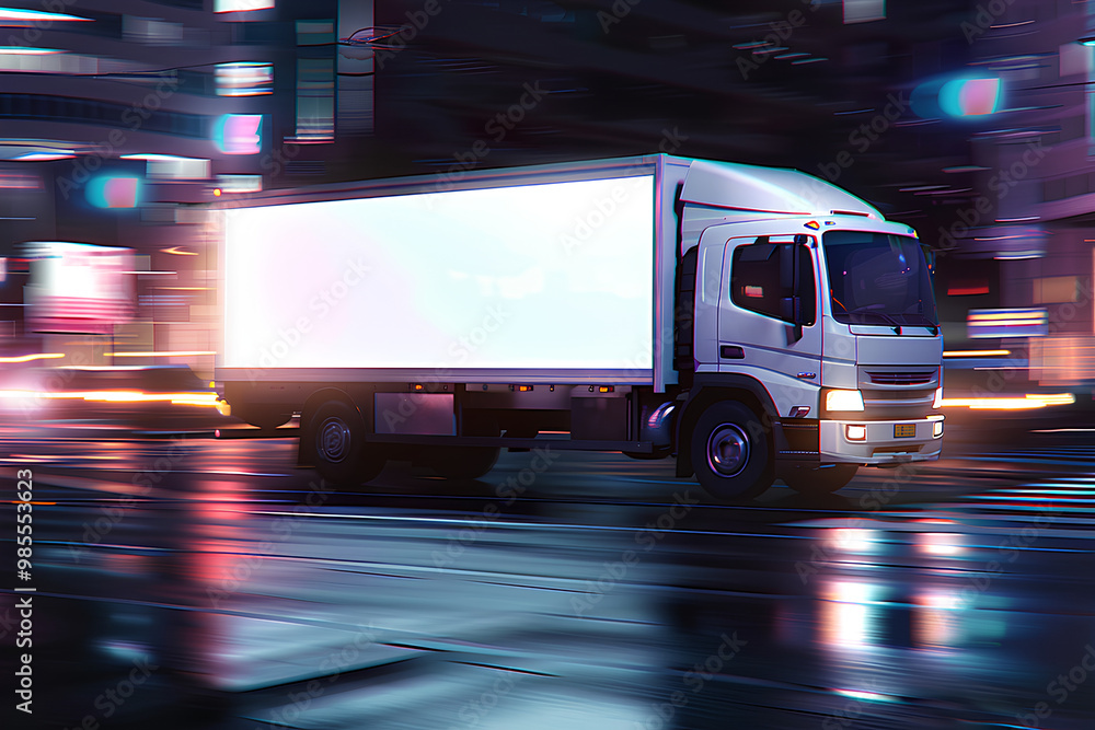 A white truck with a blank white billboard on its side, driving at night in blurred motion A white truck with a blank white billboard on its side, driving at night in blurred motion