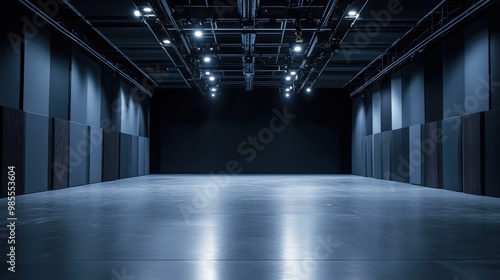 Empty Blue Studio Room with Stage Lights and Sound Panels
