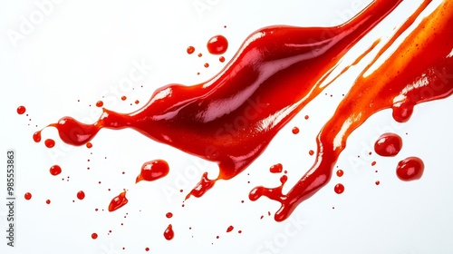 Splashes of rich tomato ketchup are frozen midair, creating a vivid display of texture and movement. The composition highlights the bright colors and playful dynamics of the sauce