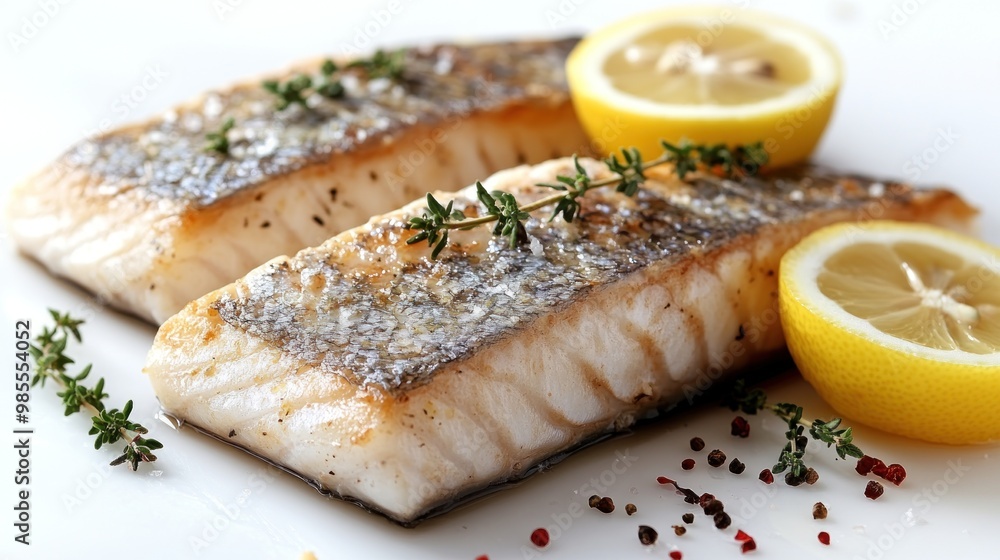 Grilled salmon fillets garnished with lemon and herbs. Grilled salmon fillets garnished with lemon and herbs.