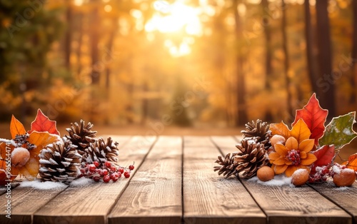 Autumn leaves, pinecones, and berries lightly dusted with snow on a wooden table, glowing in the golden light of a late autumn or early winter sunset. photo