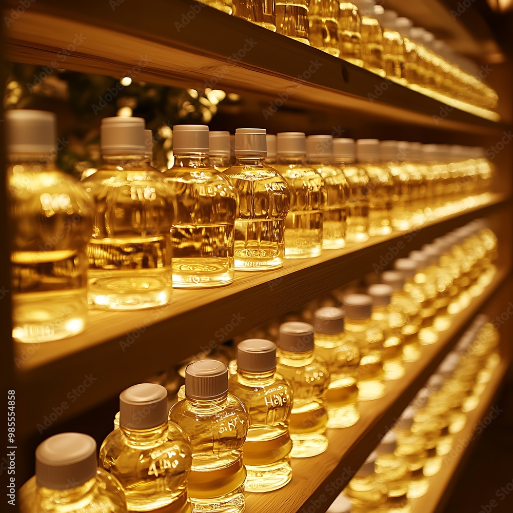 Rows of small, clear bottles filled with a golden liquid, organized on wooden shelves. Rows of small, clear bottles filled with a golden liquid, organized on wooden shelves.