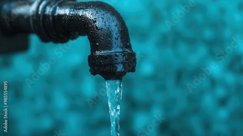 A close-up of a black faucet with water flowing, against a textured blue background, illustrating themes of plumbing and water supply. photo