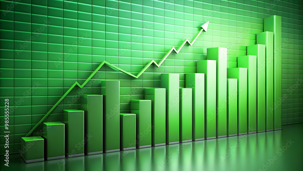 Green rising bar chart with upward arrow, symbolizing positive growth and economic progress. Green rising bar chart with upward arrow, symbolizing positive growth and economic progress.
