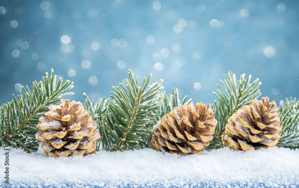 Snow-covered pine branches framing a soft, blurred winter background with falling snowflakes. Snow-covered pine branches framing a soft, blurred winter background with falling snowflakes.
