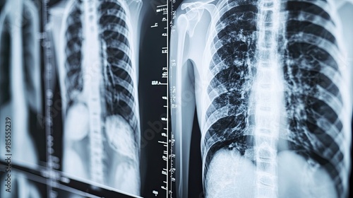 X-ray images with one highlighted to reveal a key finding, showcasing detailed medical diagnostics. photo