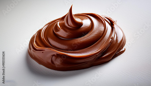 Closeup of a chocolate spread smudge on a textured white surface