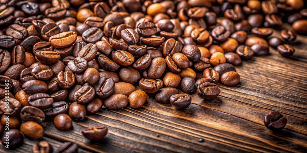 Fototapeta premium Close up photo of a variety of coffee beans on a rustic wooden table