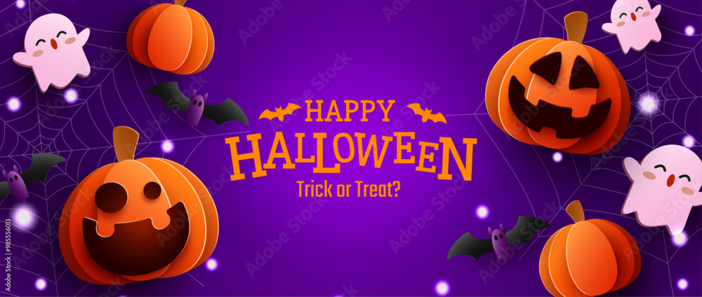 Celebrate Halloween with this colorful banner featuring pumpkins and ghosts. Vector Illustration. Celebrate Halloween with this colorful banner featuring pumpkins and ghosts. Vector Illustration.