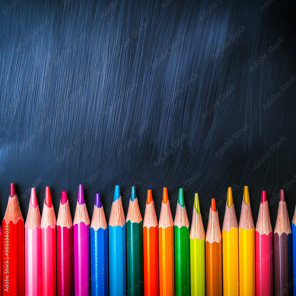 Colorful pencils in front of a blank blackboard. Back to school concept. Education banner Colorful pencils in front of a blank blackboard. Back to school concept. Education banner