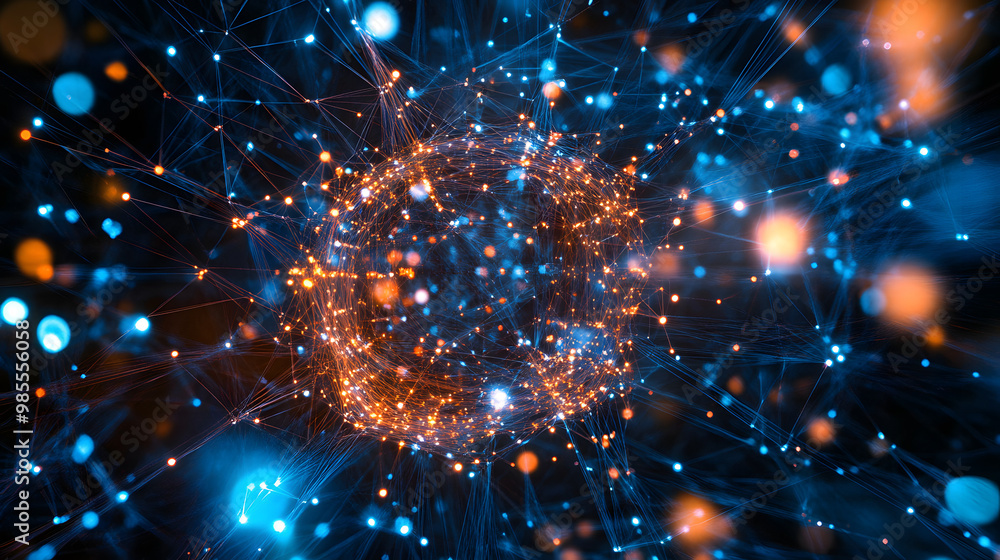 Fototapeta premium Abstract realms of digital data, visualized as a fractal pattern of light and motion against a cosmic backdrop, showcasing the intricate interplay of technology and science
