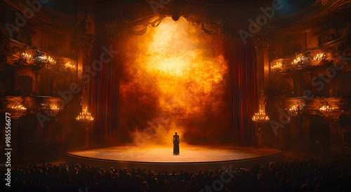 A Dimly Lit Stage with Velvet Curtains and Chandeliers