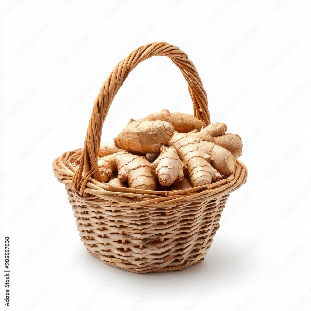 Basket of fresh ginger, isolated on a white background. Basket of fresh ginger, isolated on a white background.