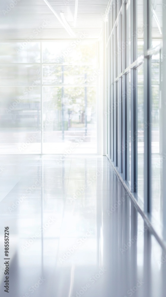 Bright empty hallway with blurred windows and reflections Bright empty hallway with blurred windows and reflections