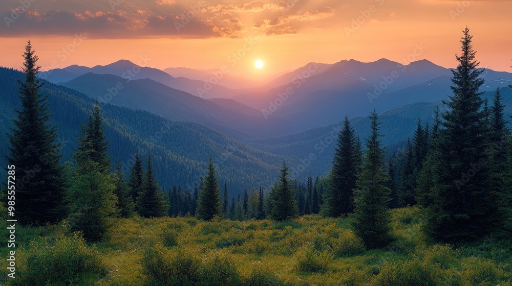 Fototapeta premium Sunset Over Mountain Ranges