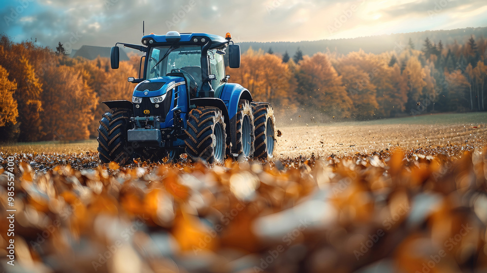 Blue tractor in the meadow collecting grass, in the background beautiful autumn meadows, Golden Hour. Generative AI. Blue tractor in the meadow collecting grass, in the background beautiful autumn meadows, Golden Hour. Generative AI.