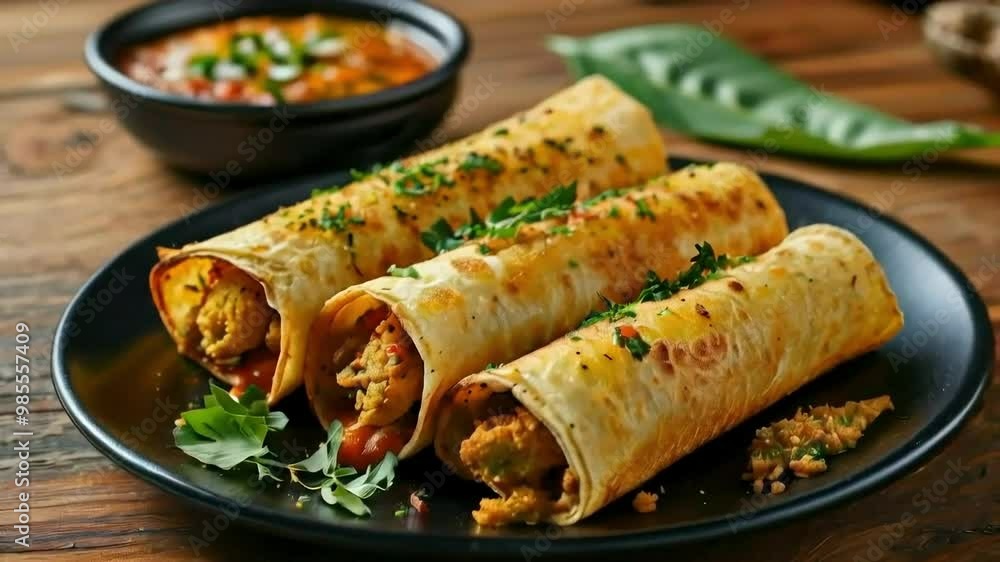 Crispy Golden Brown Wraps Filled with Savory Ingredients and Served on a Black Plate Crispy Golden Brown Wraps Filled with Savory Ingredients and Served on a Black Plate